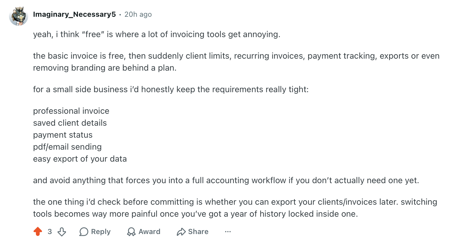 A list of essential invoicing features requested by a freelancer